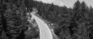 Lone cycler ascending a mountain road that winds through a forrest.